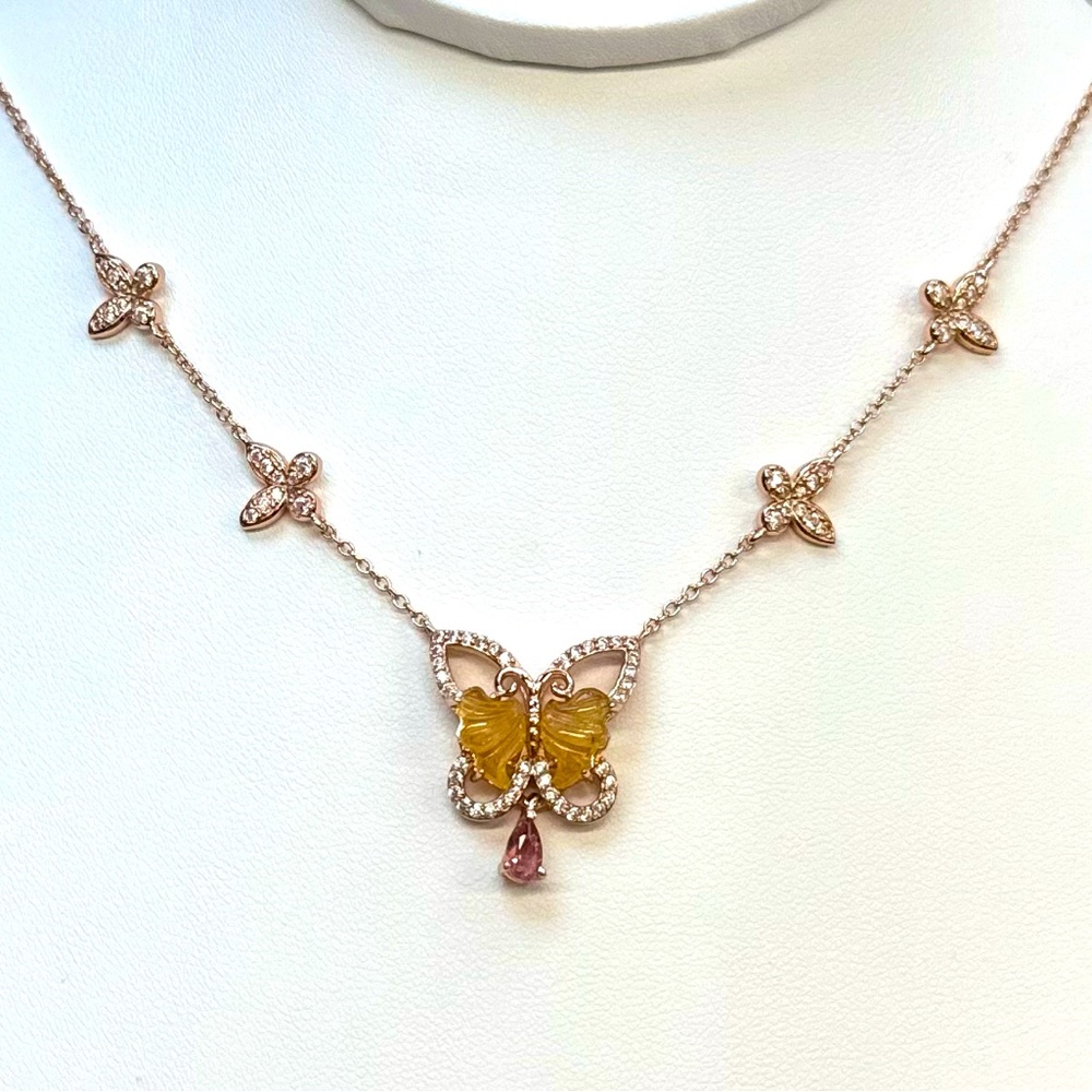 NTR12 1CT HONEY Tourmaline &0.15CT Pink Tourmaline Butterfly Necklace 18KRG S925